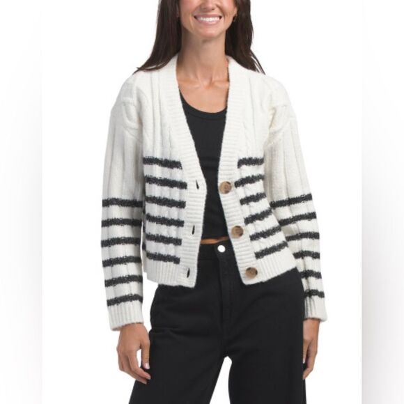 Lucky Brand L-XL White Black Stripe Cable Knit Button Front Wool Blend Cardigan - Picture 1 of 16